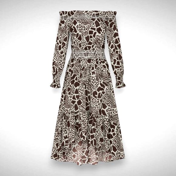 Adam Lippes Size 14 Smocked‎ Off Shoulder Midi Dress Brown Mixed Animal Print - Picture 2 of 13